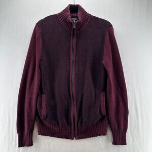 GUESS Cardigan Sweater Mens S Full Zip Mock Neck Cotton Knit Ribbed Trim Maroon
